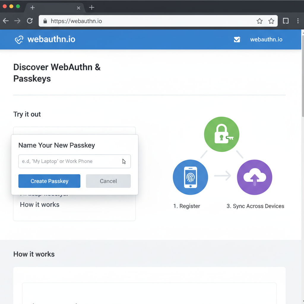 clean screenshot of webauthn.io homepage with passkey naming form open, modern browser interface