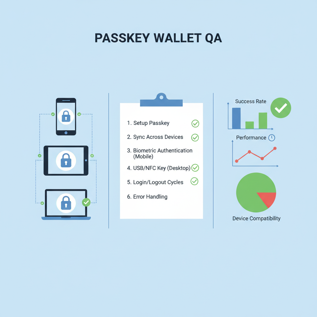 QA testing checklist for passkey wallet on multiple devices, checkmarks and graphs