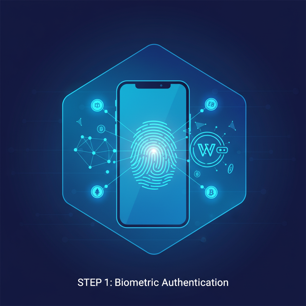 minimalist illustration of smartphone biometric unlock creating crypto wallet, futuristic blue tones
