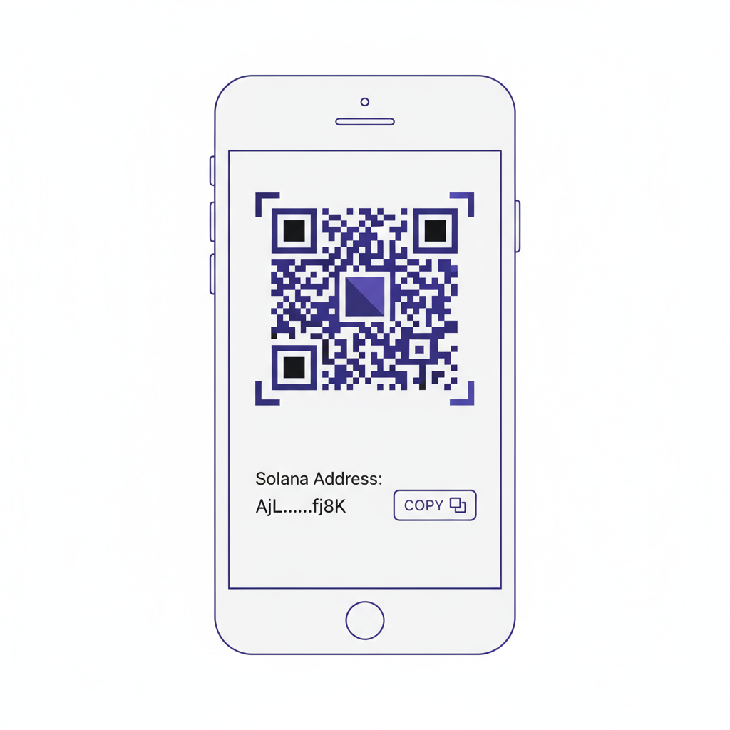wallet app showing Solana address QR code and copy button, clean minimalist design