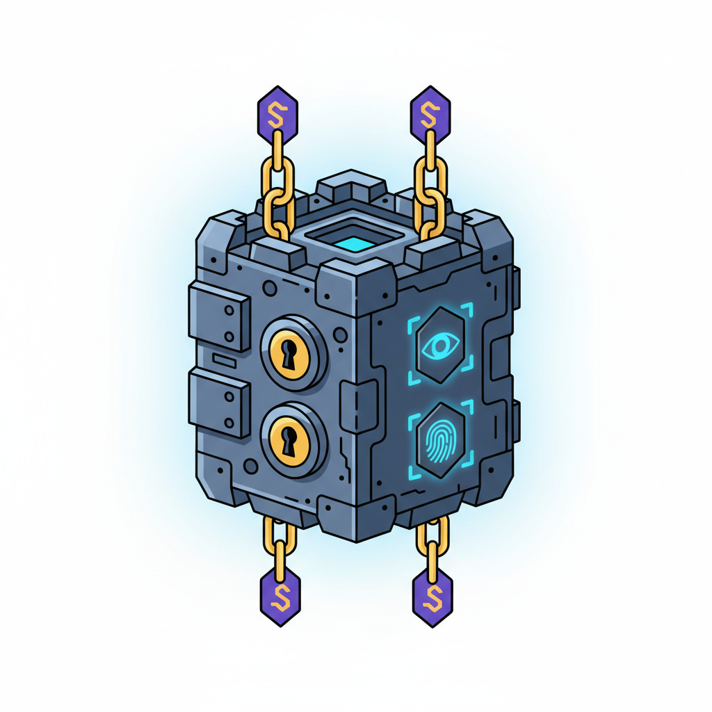fortress wallet with locks, biometric shields, Solana chain links