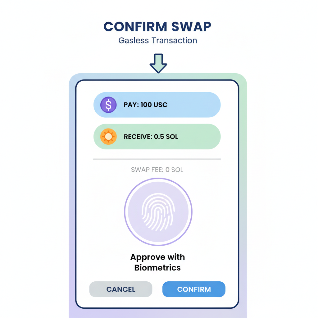 confirmation screen for gasless token swap on Solana, biometric approval prompt