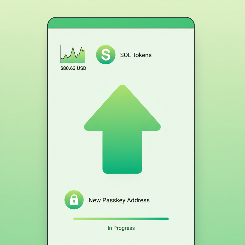 crypto wallet transfer screen, SOL tokens moving to new passkey address, price chart showing $80.63, vibrant green tones