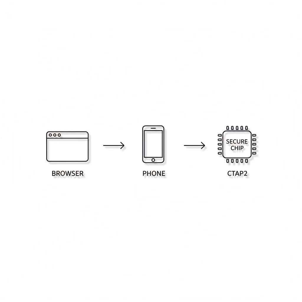 flowchart browser to phone secure chip CTAP2 arrow, minimalist lines --ar 16:9