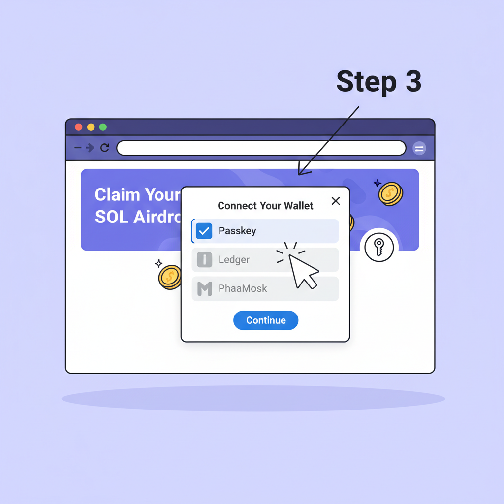 browser window with Solana airdrop site, wallet connection modal open, passkey option selected