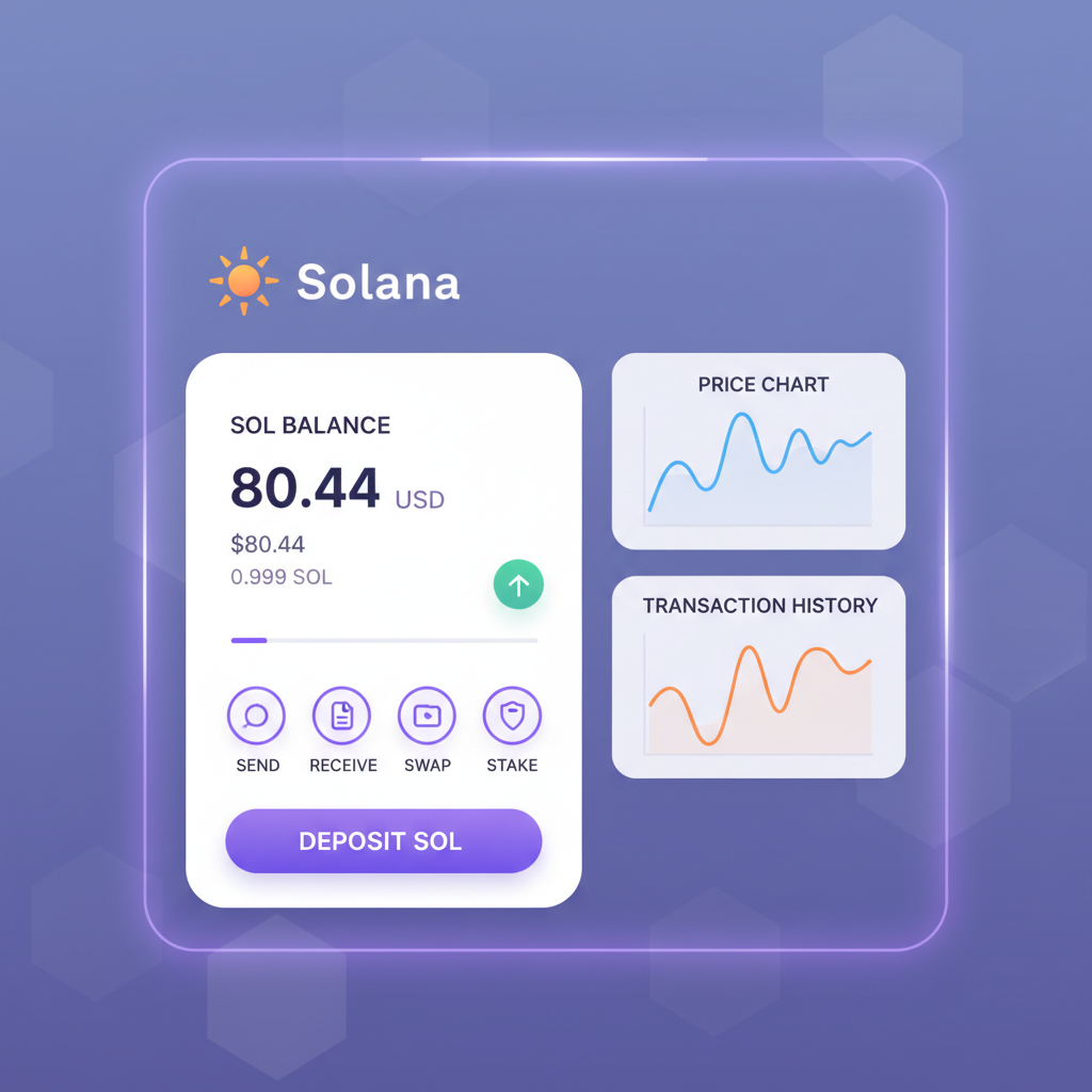 Solana wallet dashboard showing SOL deposit at $80.44, charts glowing