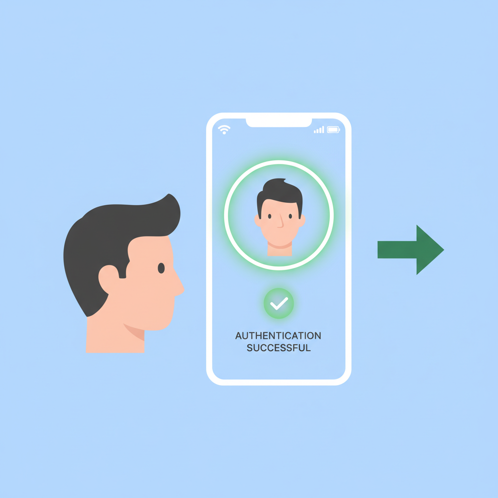 user authenticating with facial recognition on phone, green verification glow, minimal UI