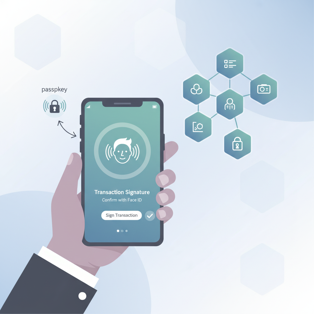 user signing Web3 transaction with face ID passkey on phone, blockchain visualization