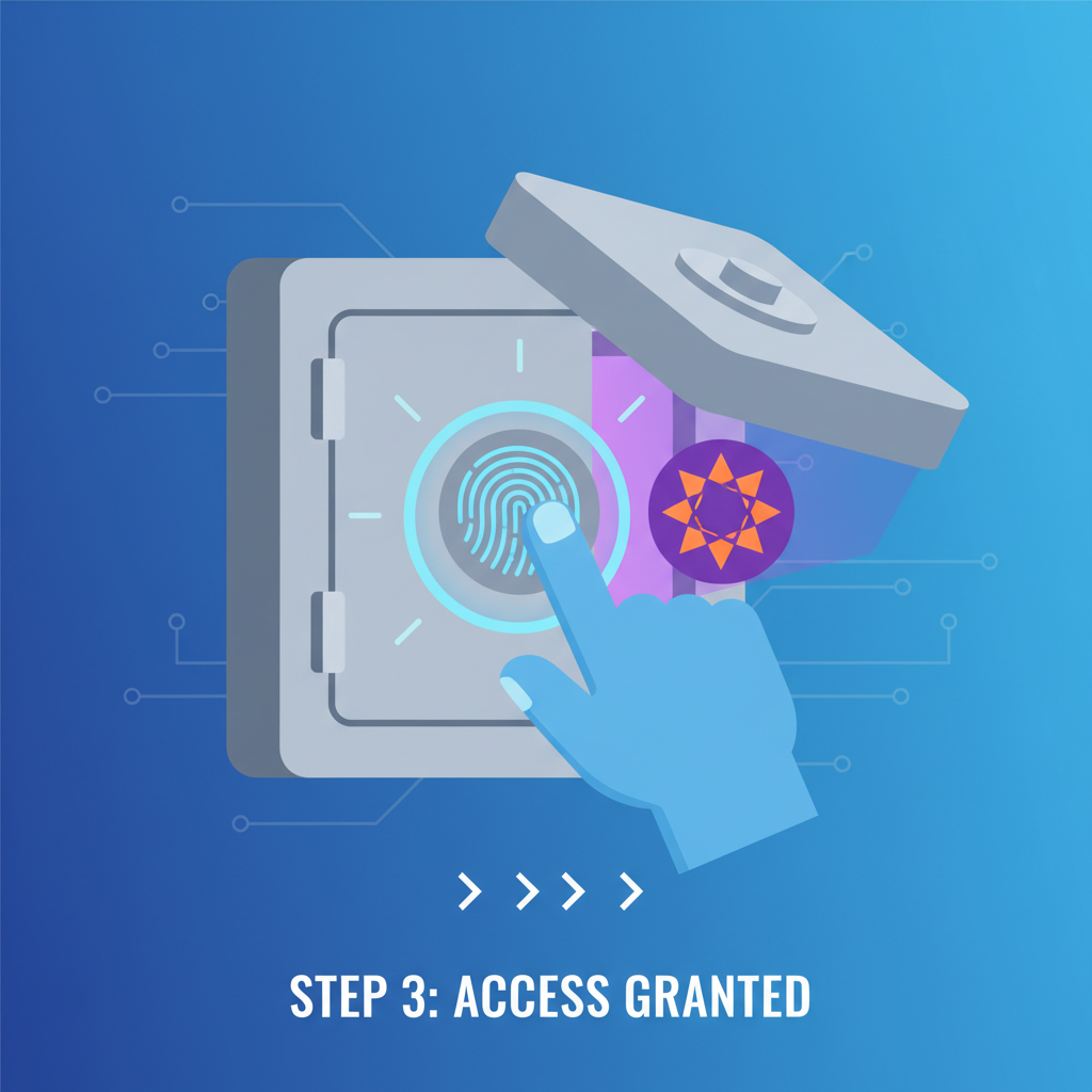 digital vault unlocking with fingerprint, Solana logo emerging